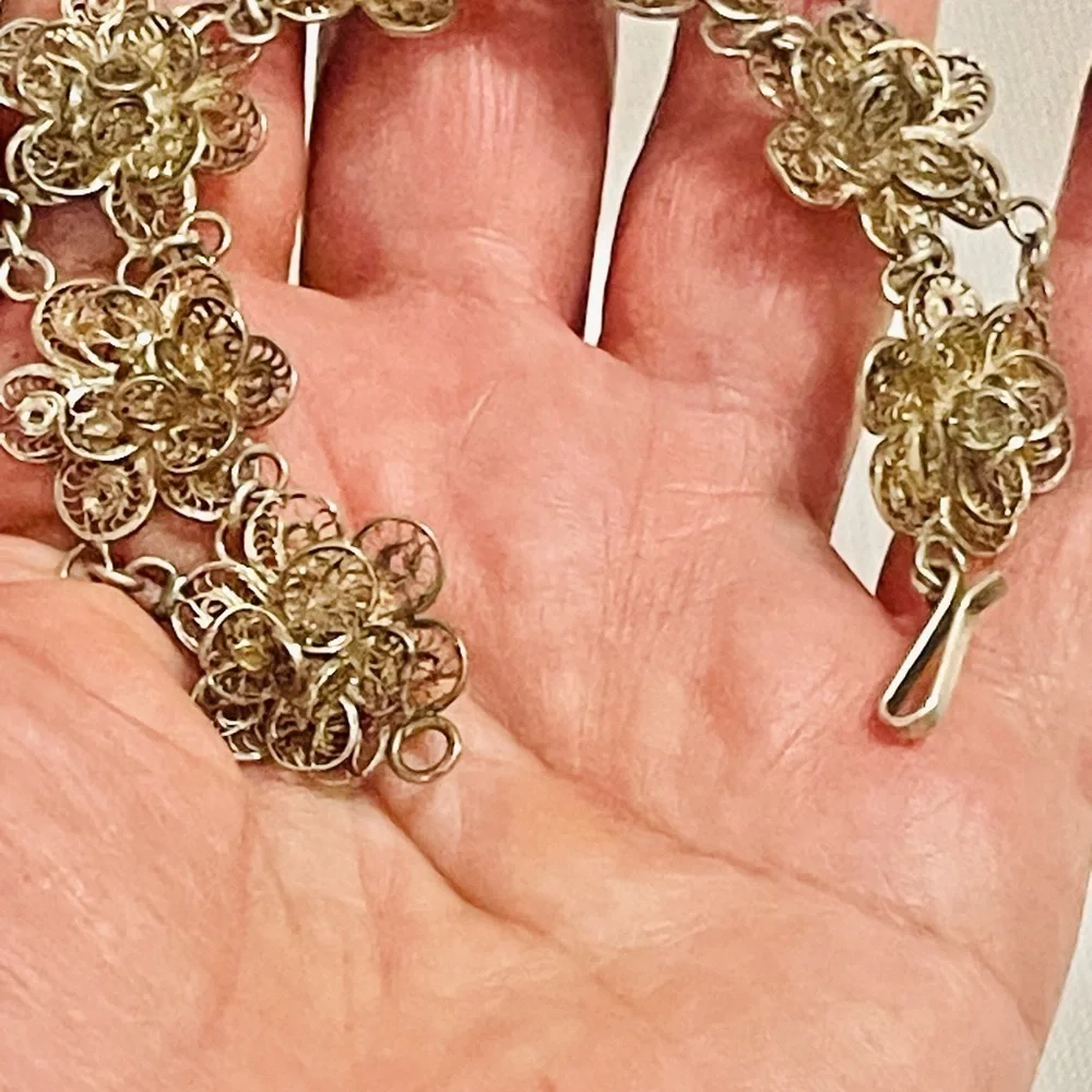Antique? VTG? Sterling Silver Bracelet Filigree Flower Linked Sz 7 “ 18 G